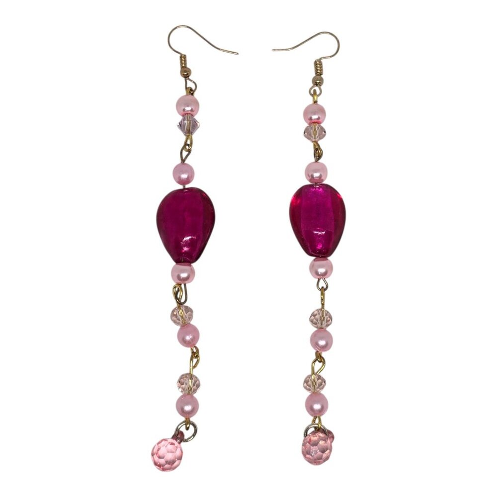 Pink & Fuchsia Beaded Dangle Earrings With Crystal Accents & Gold Hooks
